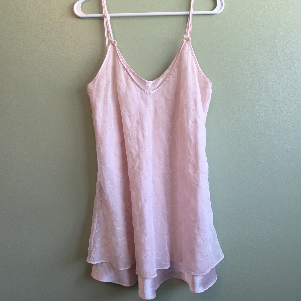Elegant Pink Floral Embroidered Double Layered Chemise Nightgown Vintage Medium